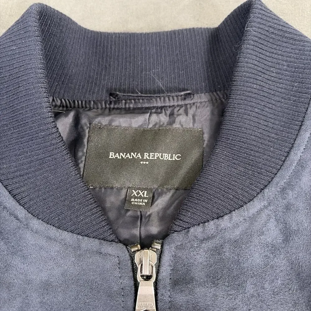 Banana Republic Men's Navy Blue Suede Bomber Jacket Lined Zip Band Collar XXL FS